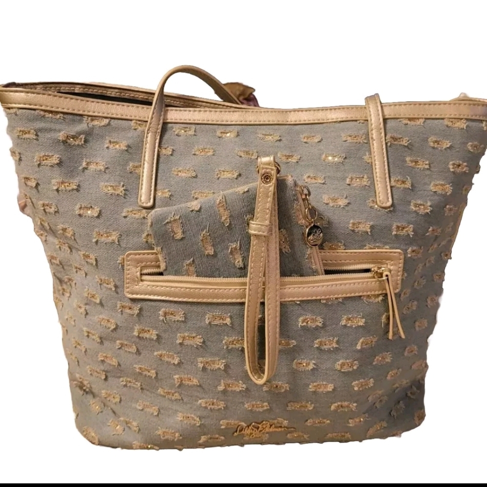 Libby Edelman Light Denim Blue/Gold Bali ToteBag With Matching Wristlet EUC - Picture 2 of 12
